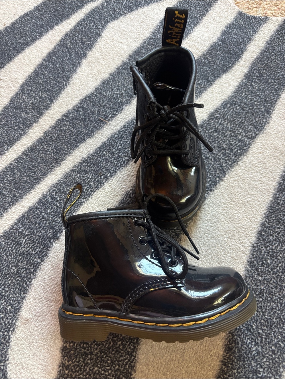 Toddler Dr. Martens Black Patent Leather Lace-Up Boots with Yellow Stitching